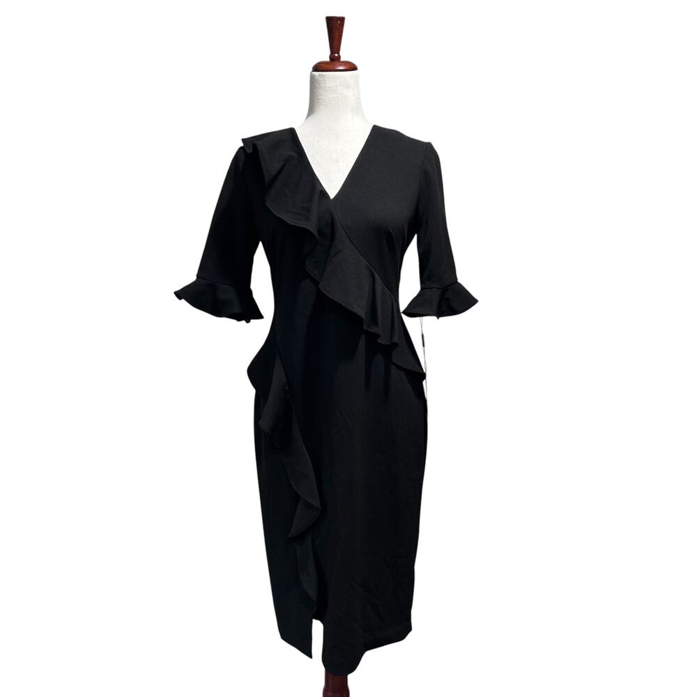 Calvin Klein NWT Dress Women's Size 4 Black Sheath Cocktail Peplum Waist Midi